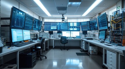 Aufkleber - A lab setup with advanced sequencers, large digital displays showing data. Generative AI.