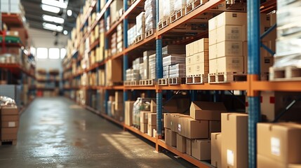 Poster - A warehouse with pallets of goods and boxes, ready for delivery. The focus is on the pallet with various items stacked high in one corner. In front an empty shelf. Generative AI.