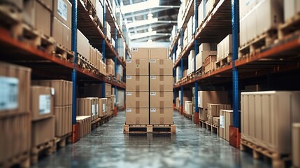 Aufkleber - A warehouse with pallets of goods and boxes, ready for delivery. The focus is on the pallet with various items stacked high in one corner. In front an empty shelf. Generative AI.