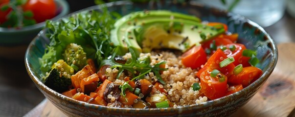 Wall Mural - Roasted vegetable quinoa bowl with avocado, 4K hyperrealistic photo