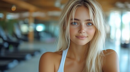 Blonde woman with blue eyes and freckles smiling, set in a bright, modern gym environment.