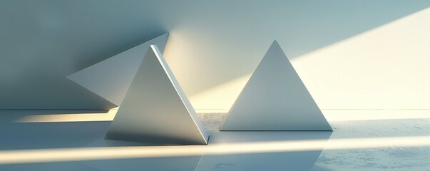 Wall Mural - Floating 3D triangles with shadow play, 4K hyperrealistic photo