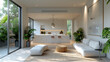 © visoot - Small living room with open concept kitchen minimalist interior, with art, decor and greenery. Generative AI.