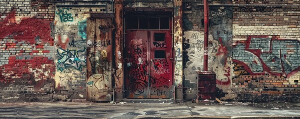 Urban decay collage with gritty textures, abandoned buildings, and street art, 4K hyperrealistic photo