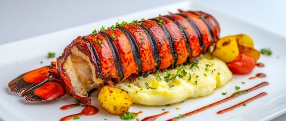 A grilled lobster tail served with mashed potatoes and vegetables.