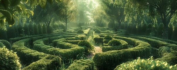 Wall Mural - Beautiful garden with a labyrinth of hedges, 4K hyperrealistic photo