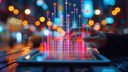 Aufkleber - A businessperson analyzing growth charts on a digital tablet, with a background of increasing stock prices on a large screen, vibrant colors representing financial success. Generative AI.