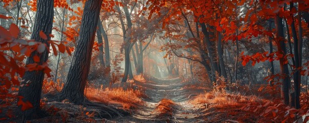 Autumn forest with vibrant red and orange leaves, 4K hyperrealistic photo,