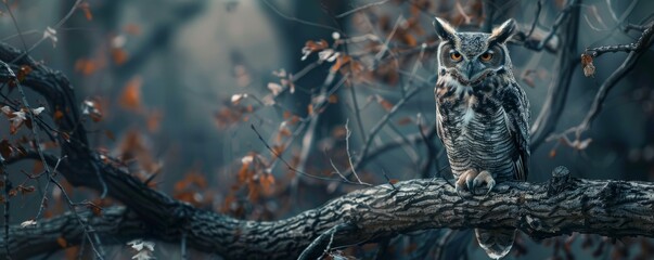Wise owl perched on ancient tree branch, 4K hyperrealistic photo