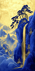 Canvas Print - Craftsmanship of Golden Blue Mountain, Gold Plating, Flowing Gold