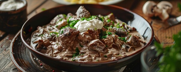 Wall Mural - Beef and mushroom stroganoff with sour cream, 4K hyperrealistic photo