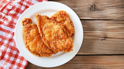 presented on a crisp golden chicken schnitzel plate against a charming wood table, two golden chicke