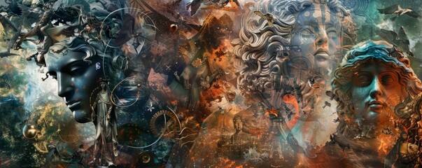 Mythology collage with gods, goddesses, and ancient symbols, 4K hyperrealistic photo