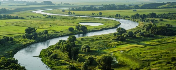 Peaceful countryside with a winding river and green meadows, 4K hyperrealistic photo,