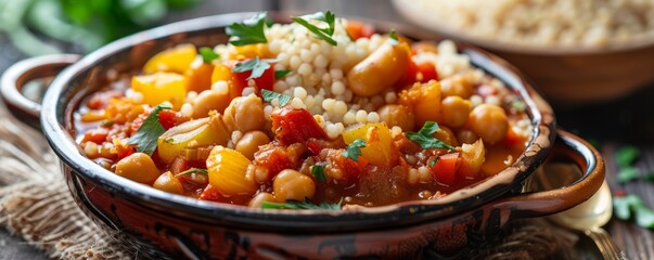 Wall Mural - Chickpea and vegetable tagine with couscous, 4K hyperrealistic photo