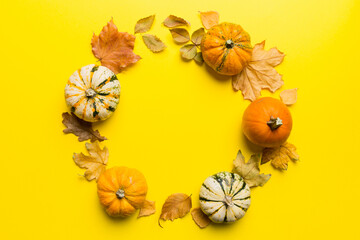 Wall Mural - autumn composition pumpkins with fall leaves over coloredbackground. top view with copy space