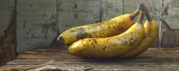 Wall Mural - Ripe yellow bananas on rustic table, 4K hyperrealistic photo