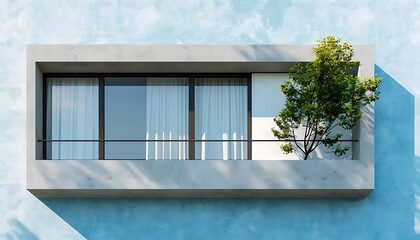 Detail of a blue wall with a white window and a tree