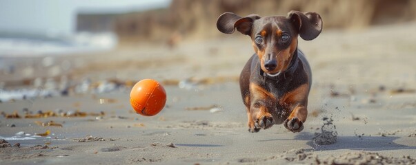 Playful dachshund chasing ball on sandy beach, 4K hyperrealistic photo