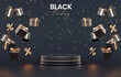 © AdriaVidal - Black Friday banner background with a podium platform surrounded by black and gold floating gifts on a dark scene for product stand in 3D illustration