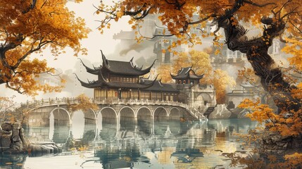 Chinese Architecture. Surreal Watercolor Illustration of an Ancient Village by the Riverside