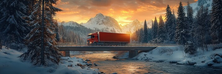 A red truck travels over a bridge, near a winding river, as vibrant sunset colors illuminate the snowy mountain backdrop and evergreen trees