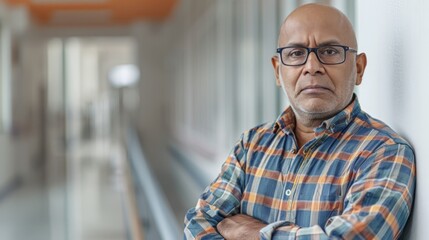 Poster - A man with glasses and a plaid shirt is standing in a hallway
