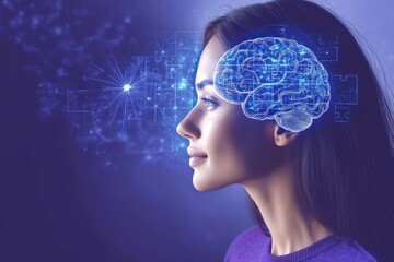 Wall Mural - Brain plasticity Thought processes Digital profile of a human head with glowing neural circuits symbolizing the flow of information cognitive connectivity and modern thought processes