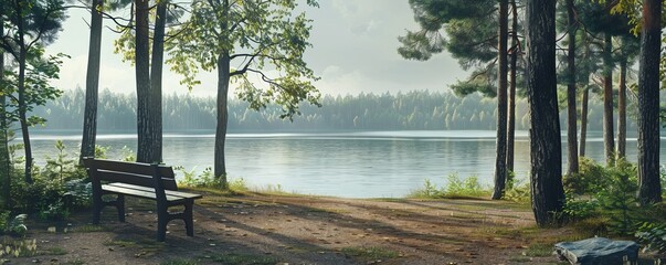 Quiet lakeside with a bench and tall trees, 4K hyperrealistic photo