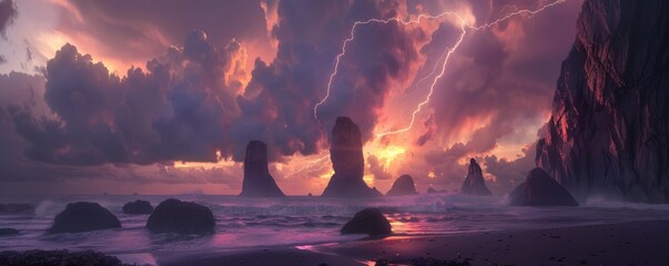 Flash of lightning over sea stacks at sunset, 4K hyperrealistic photo