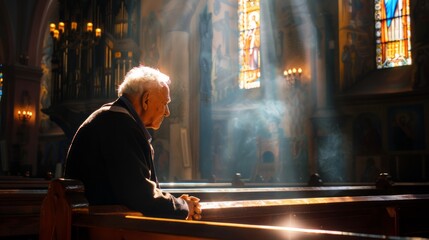 Wall Mural - A man sits in a church pew, praying