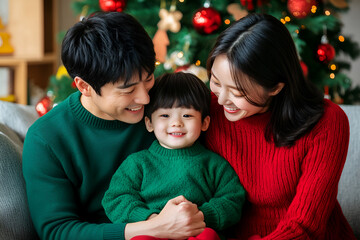 happy smiling asian korean mother, father and son in green red knitted sweaters sitting on couch in 