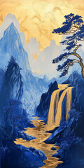 Canvas Print - 22h Klein Blue, Golden Waterfall, Mountain, Tree, Chinese Embroidery Craftsmanship of Golden Blue 