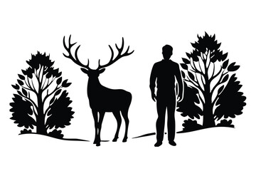 Naklejka na meble A silhouette of a man standing beside a deer in a serene wooded environment, capturing a moment of nature's tranquility flat vector illustration on white background