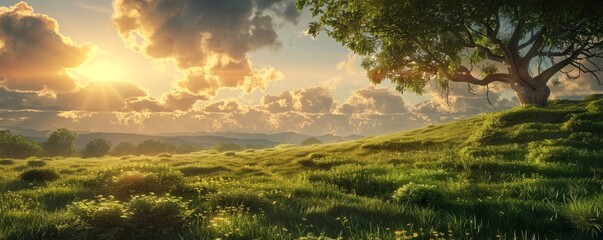 Wall Mural - Sunrise over a lush green meadow, 4K hyperrealistic photo,