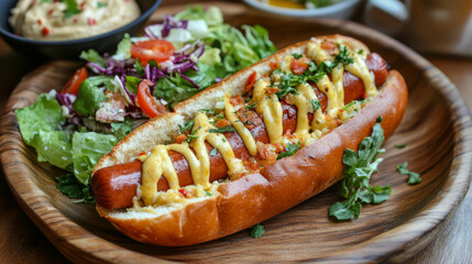 Manakish hot dog with cheese, served on a wooden plate with salad and hummus. 