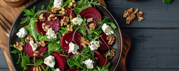 Roasted beet and goat cheese salad with walnuts, 4K hyperrealistic photo