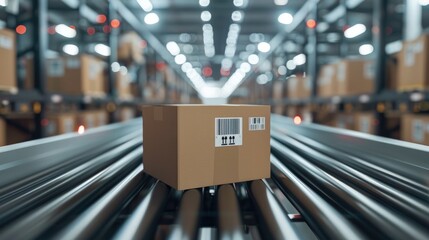 Poster - Automatic logistics management. smart packaging into the warehouse workflow, Cardboard box tags and QR codes for efficient tracking, authentication, and traceability throughout the supply chain.