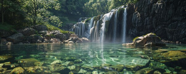 Wall Mural - Forest waterfall cascading into a clear pool, 4K hyperrealistic photo