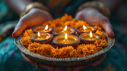 Hands holding decorative platter with lit Diwali oil lamps and marigold flowers