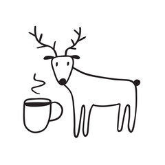 Wall Mural - Cute deer and cup of coffee. Funny design. Outline illustration on white background.