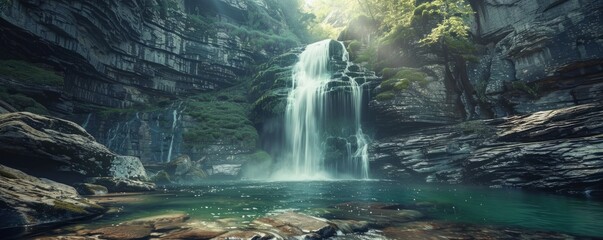 Wall Mural - Majestic waterfall in a remote wilderness area, 4K hyperrealistic photo