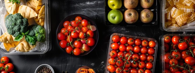 Assorted fresh produce and ingredients on a dark surface