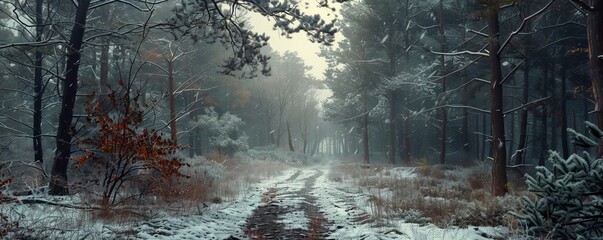 Wall Mural - Snowy forest trail leading into the distance, 4K hyperrealistic photo