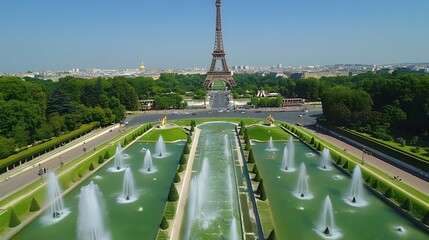 56. **Show the Eiffel Tower with the Champs de Mars park in the foreground, featuring lush greenery and fountains.**