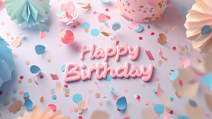 Poster - happy birthday concept in pastel tones with confetti, inscription 