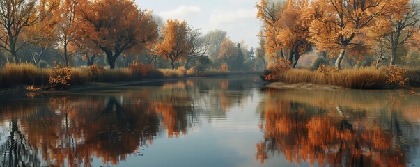 Wall Mural - Reflection of autumn trees in a still lake, 4K hyperrealistic photo