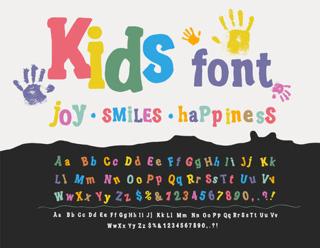 Funny cute font, kids type big and small. Cartoon children english alphabet vector typography, funky bold colorful letters, numbers font. Kids game play typeface education cute abc symbols typeface.