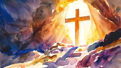 Resurrection of Jesus Christ art depicted in a powerful and divine scene, symbolizing eternal life and hope, new beautiful stock image illustration AI