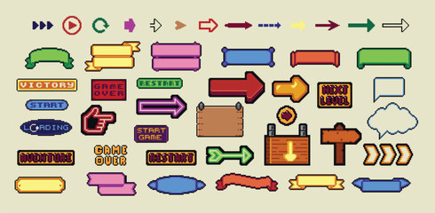 Fototapete - Pixel art frames. Retro 8 bit buttons, arrows, speech bubble messages, food and quote frame. Game UI vector template set of pixel game frame, 8 bit message illustration